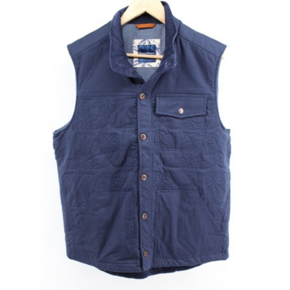 Tommy Bahama Quilted Vest Mens‎ M Navy Button Front Palm Pattern Travel Golf NWT